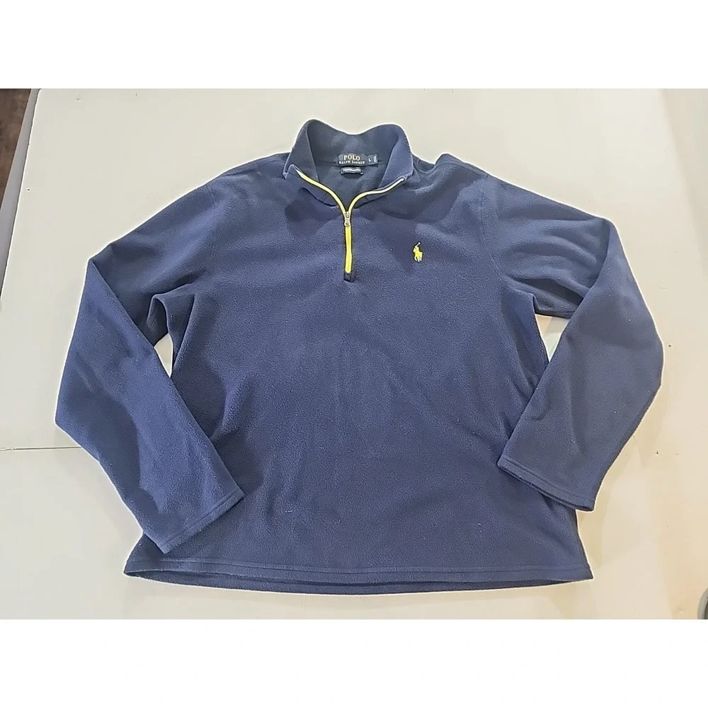 Polo Ralph Lauren Performance Fleece 1/4 Zip Pullover Navy Blue‎ Yellow Men's L
